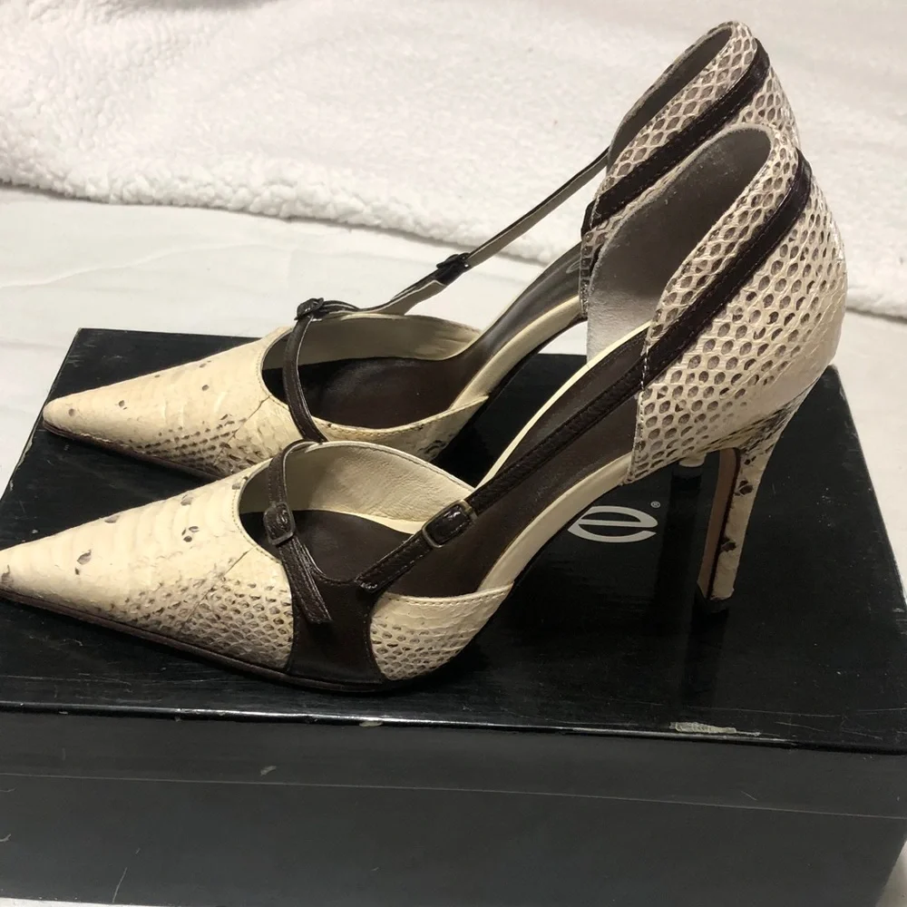 bebe Cream Snake-Print Pointed Toe Slingback Heels 7.5